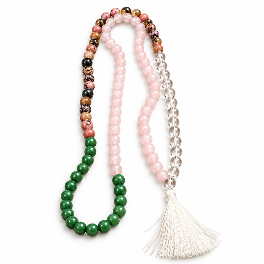 Jaap mala of crystal beads in green, pink and clear, with a white tassel
