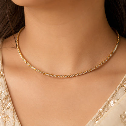 13 gram gold and silver mix Italian hasli necklace worn close-up on neckline