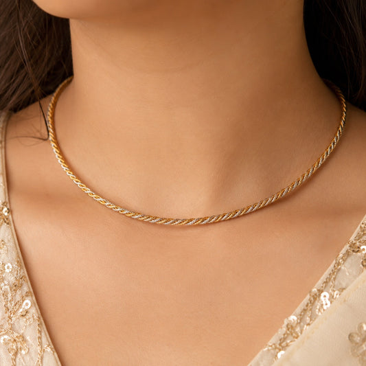 13 gram gold and silver mix Italian hasli necklace worn close-up on neckline