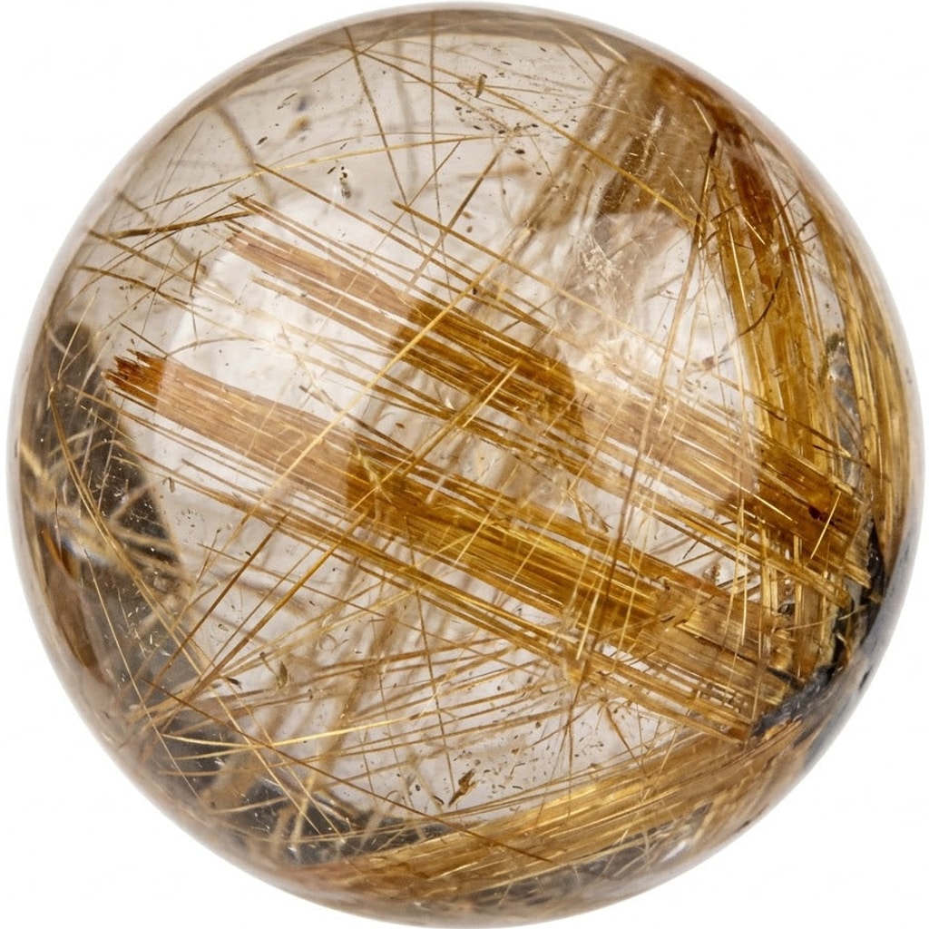 Illustration of a polished golden rutilated quartz bead; natural colour and pattern vary