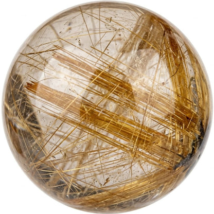 Illustration of a polished golden rutilated quartz bead; natural colour and pattern vary