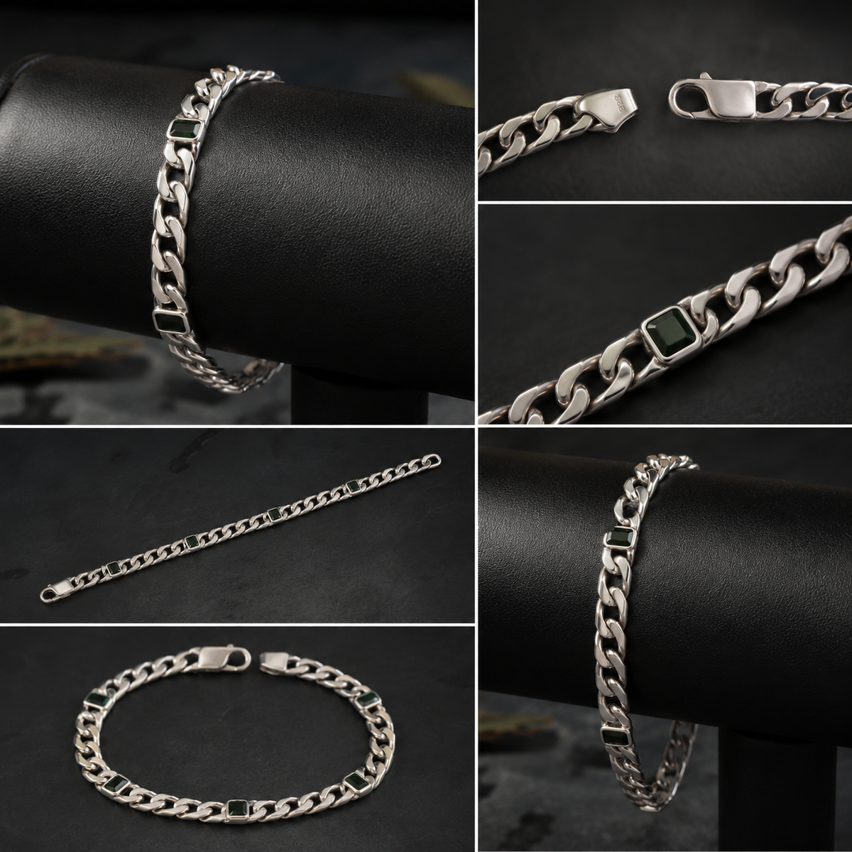 Green stone curb link 925 sterling silver bracelet shown in multiple angles on black leather