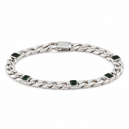 Green stone curb link 925 sterling silver bracelet for men with square green accents