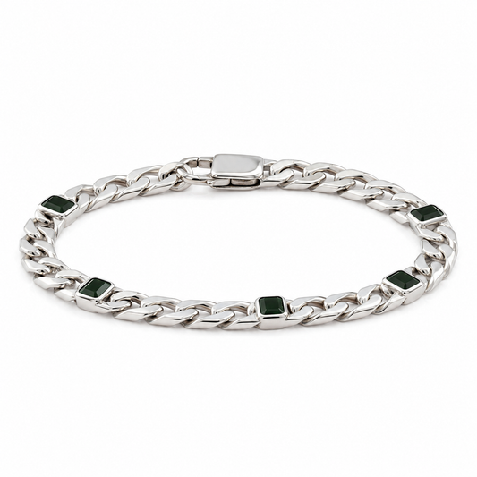 Green stone curb link 925 sterling silver bracelet for men with square green accents