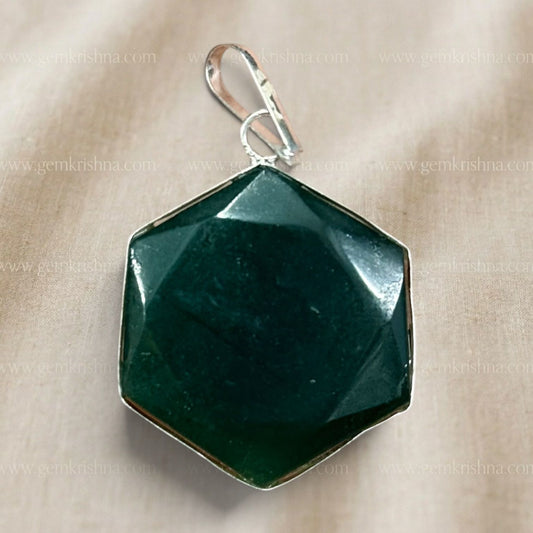 Close-up of green jade hexagon (Star of David) locket pendant with silver-tone bail