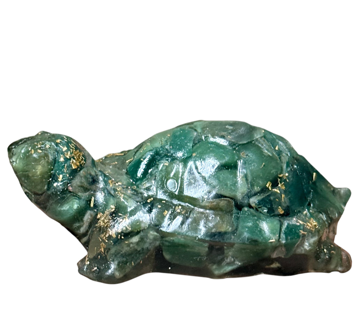 Green jade turtle figurine front view with glossy finish and gold-tone accents