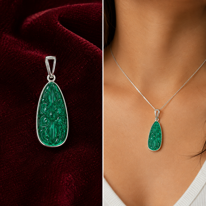Carved green onyx teardrop pendant on silver chain, shown close-up on velvet and model