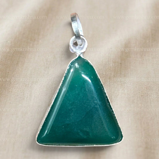 Close-up of green onyx triangle locket pendant with silver-toned bail and bezel border
