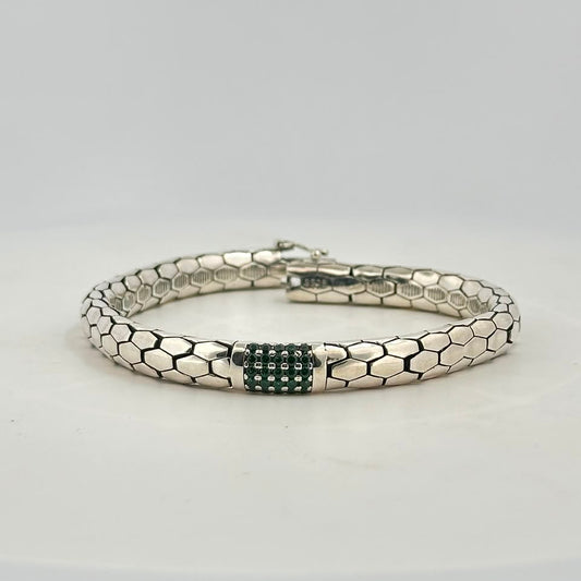 Green stone snake scale 925 sterling silver bracelet with rectangular green center panel, front view