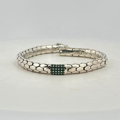 Green stone snake scale 925 sterling silver bracelet flat lay with green center panel and clasp