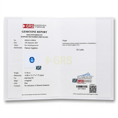 GRS gemstone report for natural blue sapphire showing origin and specifications