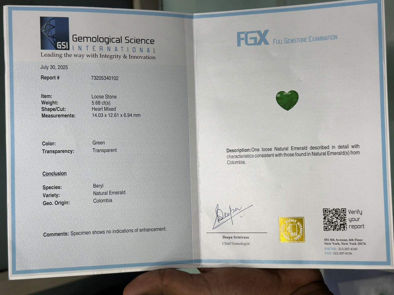 GSI certified report document showing natural emerald heart loose stone details