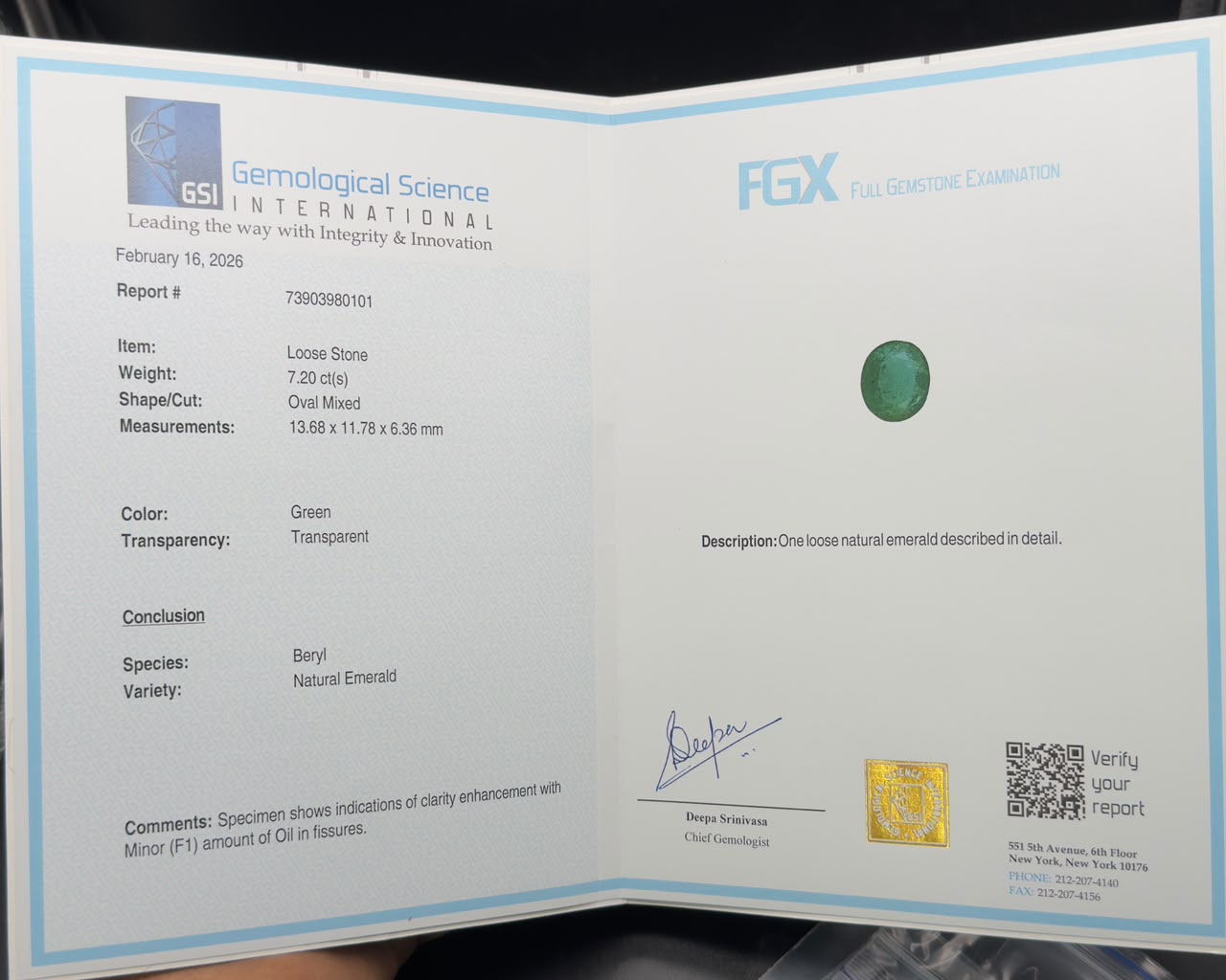 GSI gemological report document showing natural emerald details and loose stone photo