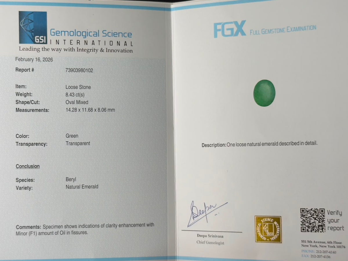 GSI certified natural emerald gemstone report page showing loose oval emerald details