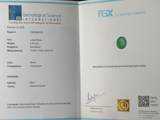 GSI certified natural emerald gemstone report page showing loose oval emerald details