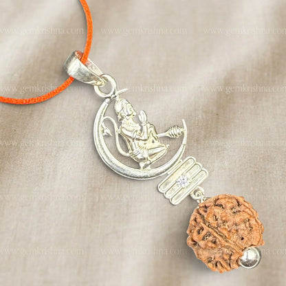 Silver Hanuman Ji locket pendant with rudraksha on orange thread necklace, close-up view