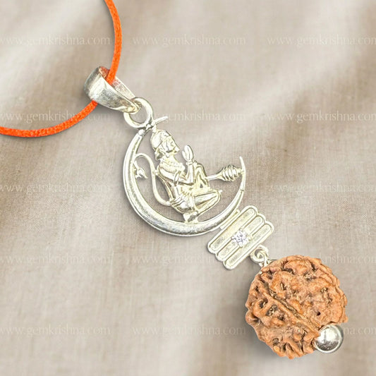 Silver Hanuman Ji locket pendant with rudraksha on orange thread necklace, close-up view