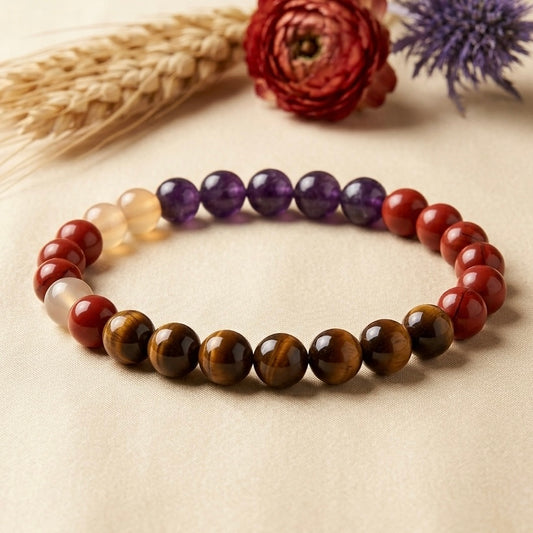 Health and Wellness bracelet with purple, red, and tiger-eye style beads for energy strength balance
