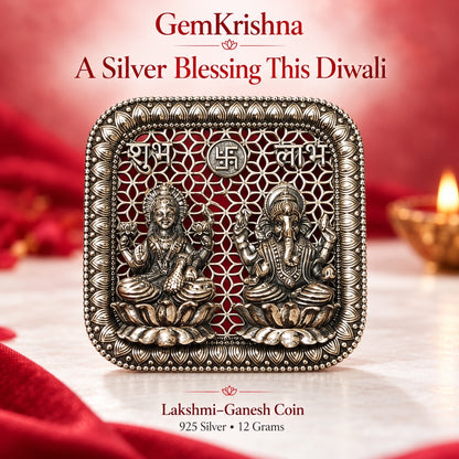 Lakshmi Ganesh 925 silver coin weighing 12 grams with Shubh Labh and ornate lotus artwork by GemKrishna