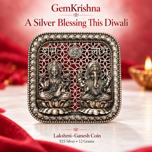 Lakshmi Ganesh 925 silver coin weighing 12 grams with Shubh Labh and ornate lotus artwork by GemKrishna