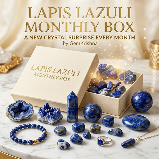 Lapis Lazuli Monthly Box display with crystals, bracelet, ring, pendant, and polished stones