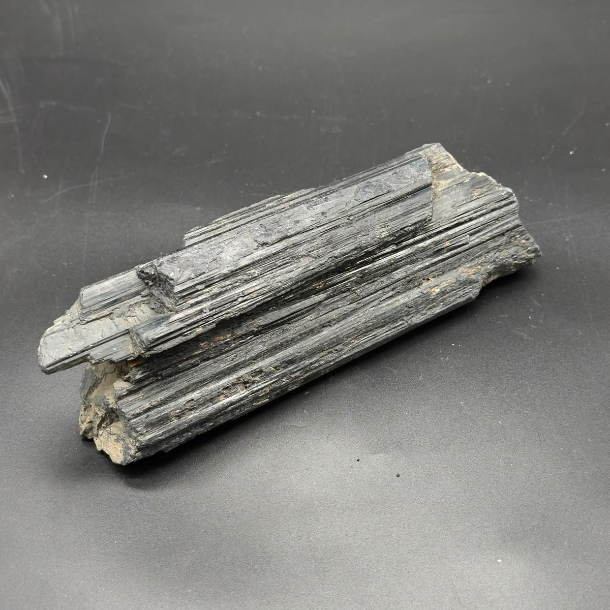 Large rough black tourmaline crystal showing parallel striations on a gray background