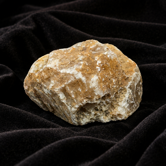 Large rough golden calcite crystal on black velvet background