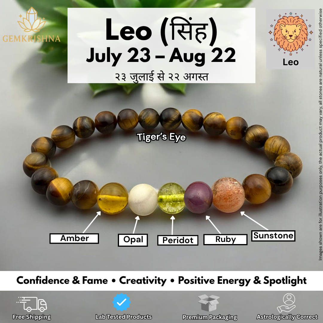 Leo Bracelet featuring tiger’s eye beads with amber, opal, peridot, ruby, and sunstone accents