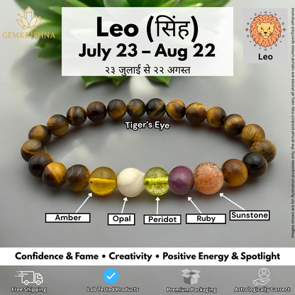Leo Bracelet featuring tiger’s eye beads with amber, opal, peridot, ruby, and sunstone accents