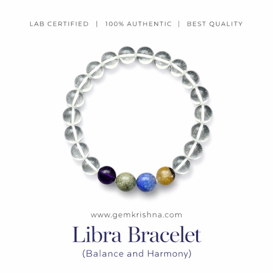 Libra Bracelet with clear crystal quartz beads and balance stones in purple, green, blue and gold
