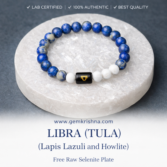Libra zodiac bracelet with lapis lazuli and howlite beads and black lab-certified charm on a selenite plate