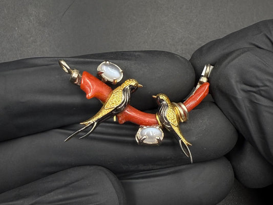 Natural Red Coral Sterling Silver Dual Sparrow Locket