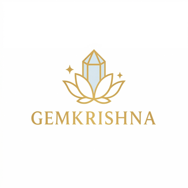 Logo of GemKrishna with a crystal and lotus design on a white background