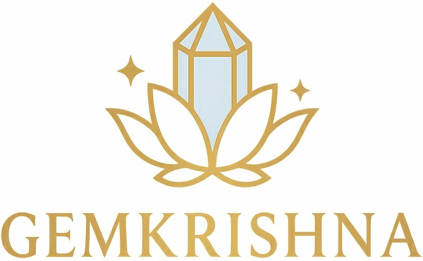 Logo of GemKrishna with a crystal and lotus design on a white background