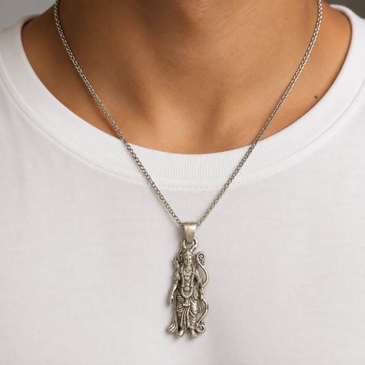 Lord Ram 925 silver pendant worn on a chain over a white shirt