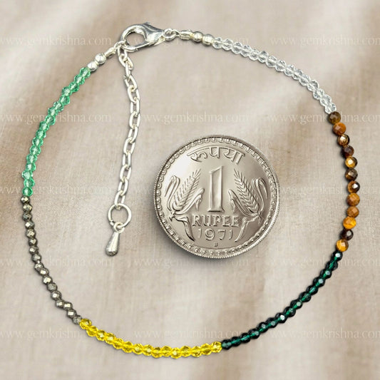 Money Magnet anklet with colored beaded chain and silver tone rupee pendant