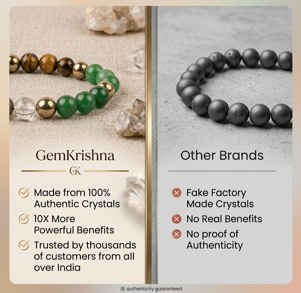 Money magnet bracelet comparison graphic showing GemKrishna bracelet and other brands on split panels