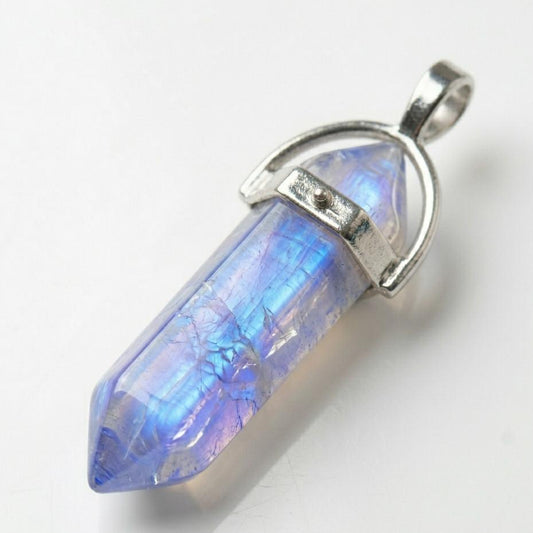 Moonstone pencil locket pendant with rainbow blue iridescence in silver bezel