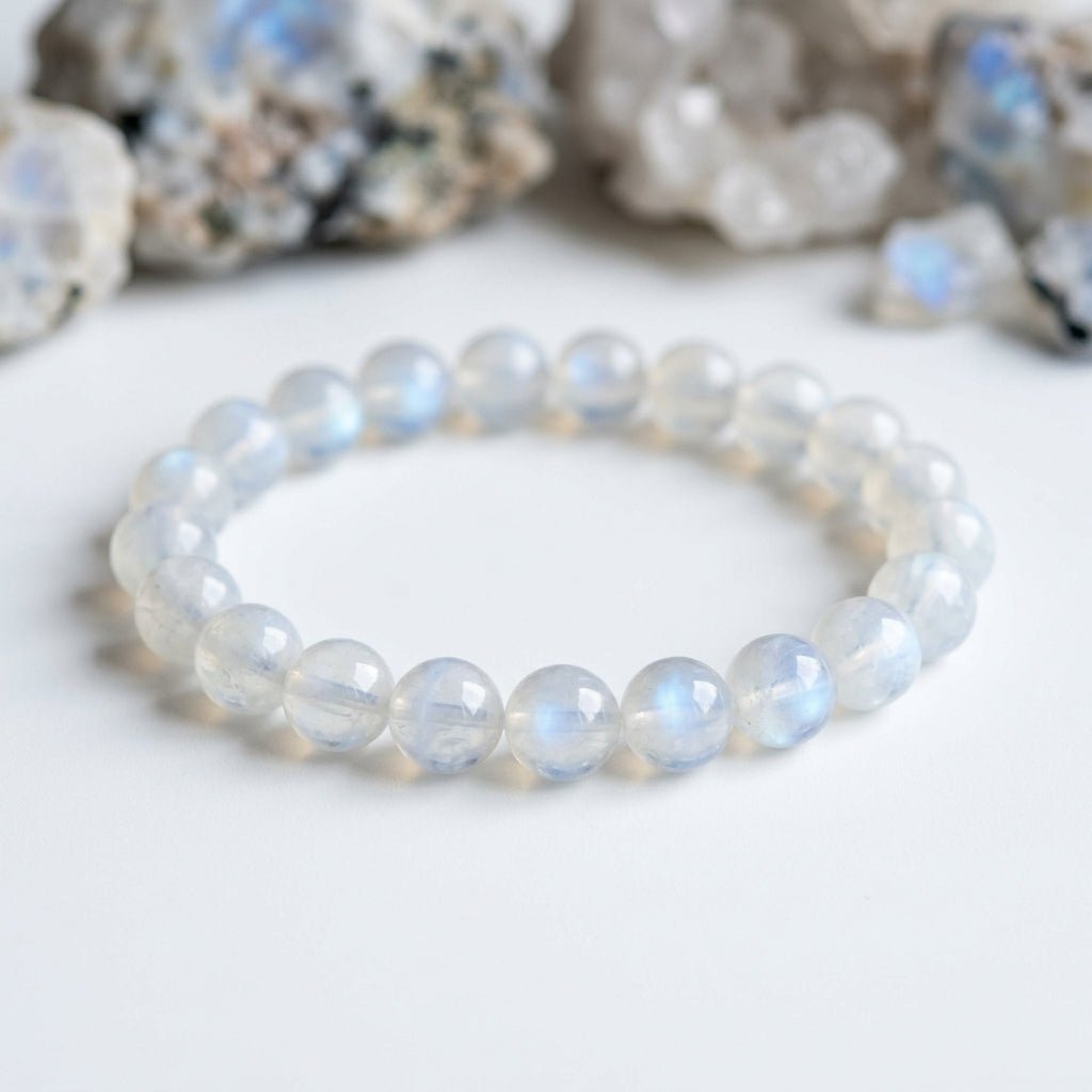 Moonstone bead bracelet with round moonstone spheres, soft blue shimmer on white background