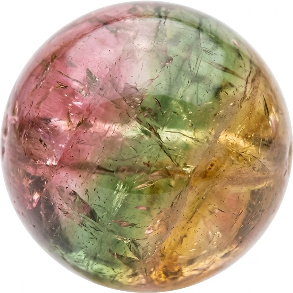Illustration of a polished multi-colour tourmaline bead; natural colour and pattern vary