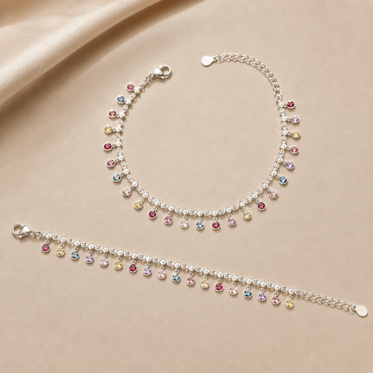Multicolour charm anklet in 925 sterling silver with colorful stone drops and clasp