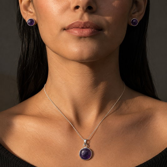 Natural amethyst cabochon pendant and earring set in German silver on model