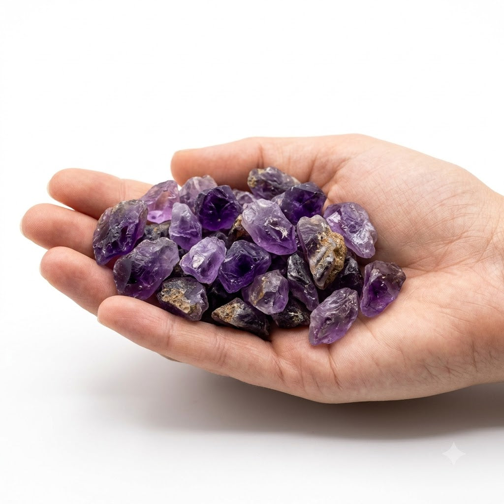 A hand holding a heap of natural raw amethyst chips on a white background