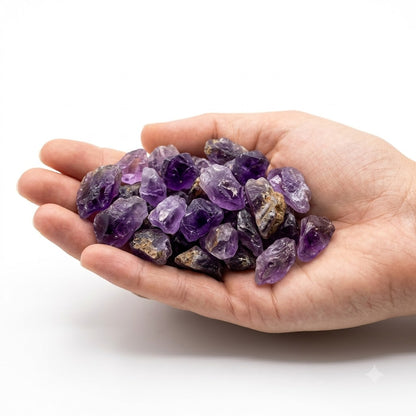 A hand holding a heap of natural raw amethyst chips on a white background