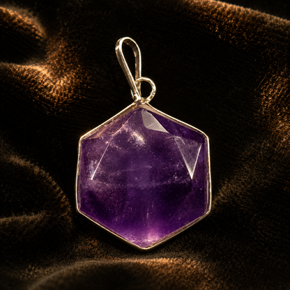Natural amethyst hexagon locket pendant in gold-tone bezel with loop bail on dark fabric