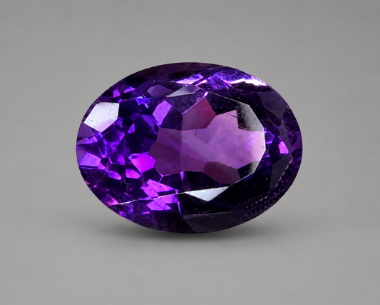 Natural amethyst oval gemstone with vivid purple facets close-up