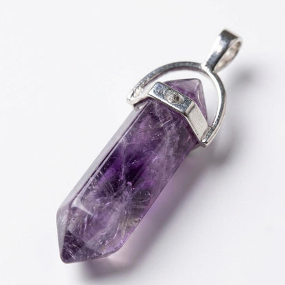 Natural amethyst pencil locket pendant with open-top silver-tone clasp