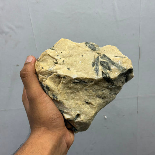 Natural black rutile rough gemstone crystal specimen held in hand on plain gray background