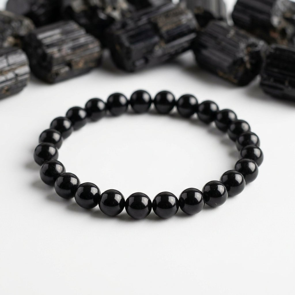 Natural Black Tourmaline Bracelet | Round Beads | Certified Original Gemstone Jewelry - GemKrishna