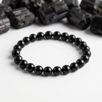Natural Black Tourmaline Bracelet | Round Beads | Certified Original Gemstone Jewelry - GemKrishna